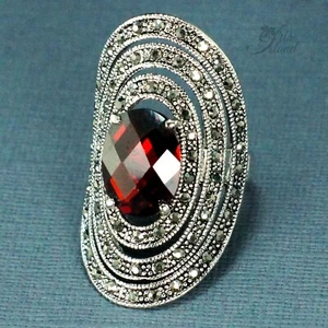 Size 6.75 Jet Hematite Crystal Red Cubic Zirconia Cocktail Ring Silver Plated 51 - Picture 1 of 3