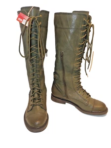 NEW Lucky Brand OD Green Olive Drab Blossom KneeHigh Leather Combat Boots Sz 5.5 - Picture 1 of 8