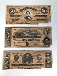 1864 Issue AUTHENTIC CONFEDERATE STATES AMERICA $50, $5, & $1 DOLLAR Bill Lot 3 - Picture 1 of 17