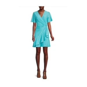 Michael Kors Eyelet Wrap Dress Surplice V-Neck Short Flatter Sleeve Ring Turqu - Bild 1 von 6