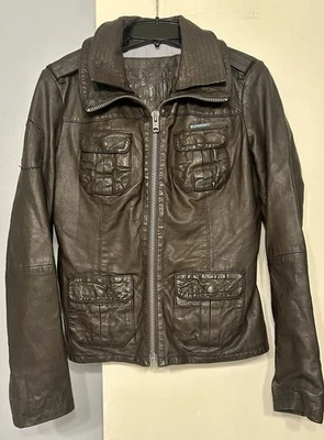 Superdry Mujer Tokyo Ramona Chaqueta De Cuero Genuino Talla M Marrón/Negro Foto 1 de 4