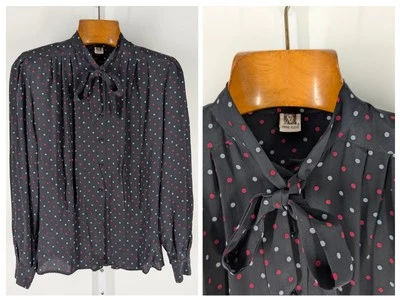 Blusa Annie Klein De Colección Años 80 Campesina Boho Victoriana Arco Coño Plisado Seda Polkadot  Foto 1 de 4