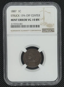 1887 1 CENT ERROR - NGC - VG 10 BN (STRUCK 15% OFF CENTER) - Picture 1 of 4