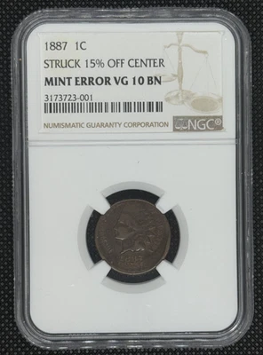 1887 1 CENT ERROR - NGC - VG 10 BN (STRUCK 15% OFF CENTER) - Image 1 of 4