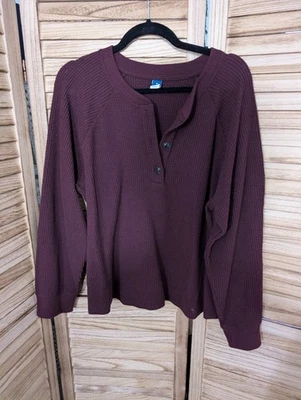 NWOT Old Navy LS Waffle Henley Cozy Raisin Arizona Loose Cropped Top Sz XL - Image 1 of 2