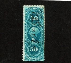 1862-71 U.S.First Issue Revenue Washington 50c Blue LIFE INSURANCE Perf Sc#R58c - Picture 1 of 1