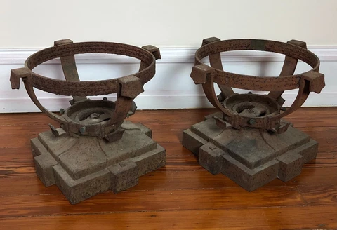 Pair Antique VTG Cast Iron Architectural Globe Light Bases Deco Gothic Salvage Cover