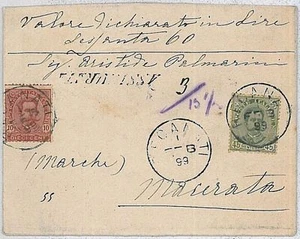ITALIA REGNO:  storia postale - BUSTA ASSICURATA da Recanati a Macerata - 1899 - Imagen 1 de 1