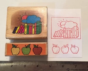 Holz Gummistempel Set SCHULE LEHRER KLASSENZIMMER APFEL Bücher Sammelalbum Basteln Posten - Bild 1 von 2