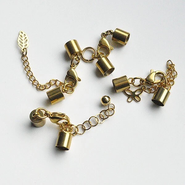 Ø 5 - 6 mm Edelstahl mit 14K Gold-Endkappen Karabiner-Verschluss + Kettchenanh. - Bild 1 von 1