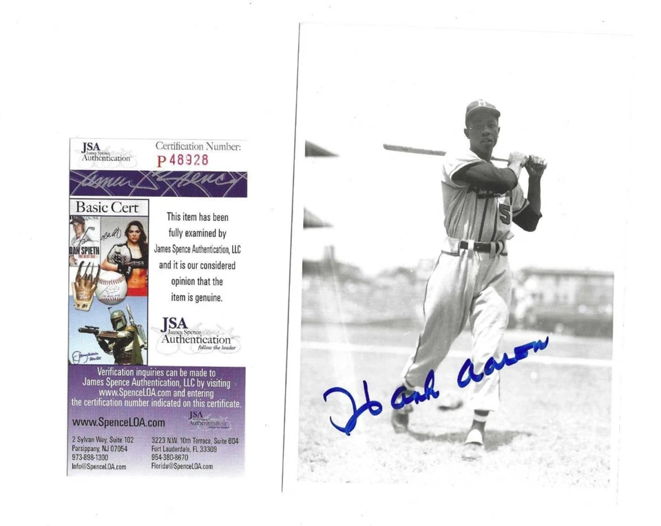 Hank Aaron Autographed Brace 5x7 Rookie Photo Milwaukee Braves Baseball JSA - Image 1 of 1
