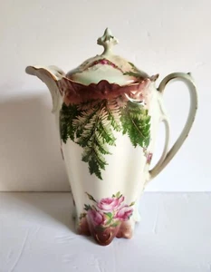 Antique Porcelain Chocolate Coffee Pot Victorian Pink Roses & Fern M.Z. Austria - Picture 1 of 16