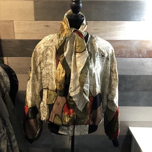 VINTAGE "SILKWORM" Jacke Erwachsene L Picasso Satin Bomber Style Art to Wear mit Schal - Bild 1 von 8