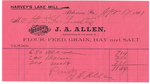 Harvey's Lake Mill - Alderson Pa - Allen Flour Feed & Grain Mill Billhead 1901 - Picture 1 of 2