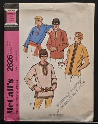 Camisa para hombre original McCall's patrón 2826; ©1971.  Grande 42-44; corte ordenado. Foto 1 de 4