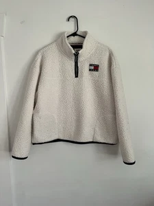 Tommy Jeans Sherpa Fleece Sweater Women's Large Cropped 1/4 Zip Pockets Pullover - Picture 1 of 4