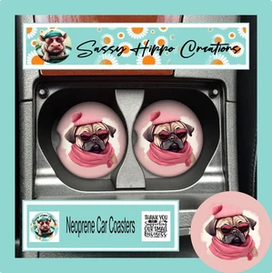 Auto Untersetzer Mops in Rosa Hund Welpe Anthropomorph 2er Set Neopren Saugfähig - Bild 1 von 5