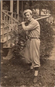Real Photo Postcard Portrait of a Baseball Player in Front Yard of a House - Picture 1 of 2