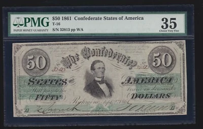 US CSA 1861 $50 Confederate Currency Note w/Cut Cancel T-16 PMG 35 Ch VF (PF-1) - Image 1 of 2