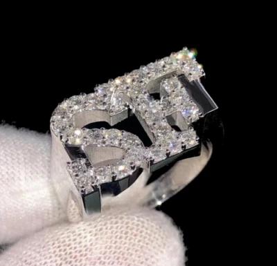 2 CT Round Lab-Created Diamond Customize Men's Letter Ring 14K White Gold Plated - Image 1 of 3