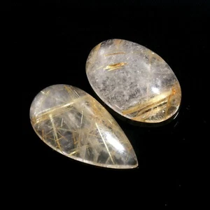 33 Carat Mix Shape Natural Golden Rutilated Quartz Loose Stone 2 Pcs Cabochon - Picture 1 of 3