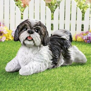 Realistic Sweet Expression Black & White Shih Tzu Puppy Dog Garden Statue