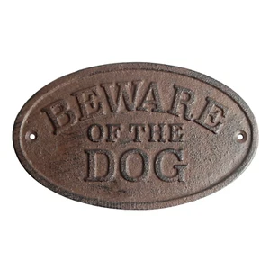 Beware of The Dog Fence Sign Cast Iron Oval Plaque Rustic Finish Heavy Duty 6.5" - Picture 1 of 3