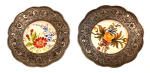 Lot of 2 Vintage Hand PaintedDeco Plates Ceramic Pewter Floral Design Germany - Picture 1 of 7