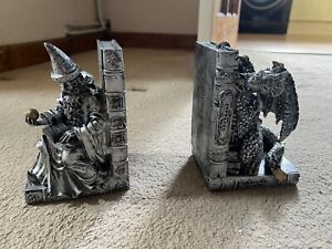 Dragon And Wizard Metal Bookends
