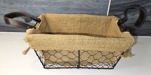 Hühner Drahtkorb mit Ledergriffen Rechteck Landhaus Dekor Sackleinen Einlage - Bild 1 von 6