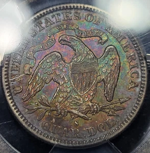 1877 S 25c Seated Liberty Quarter PCGS AU53 RAINBOW TONED Killer Color! J329 - Picture 1 of 7