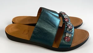 Fitflop Delta Galactic Green Bejeweled Leather Slide Sandals Women’s Size 11 - Picture 1 of 9