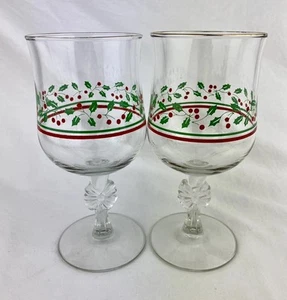 Set 2 Libbey Arby’s Holly Berry Water Wine Goblets Vintage Christmas Holiday Bow - Picture 1 of 6
