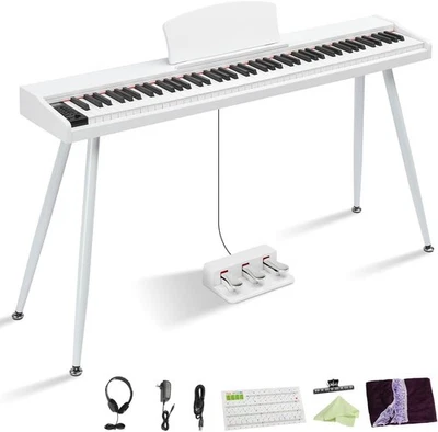 Glarry 88 Key Semi-Weighted Digital Piano Keyboard with Stand & 3 Pedal White