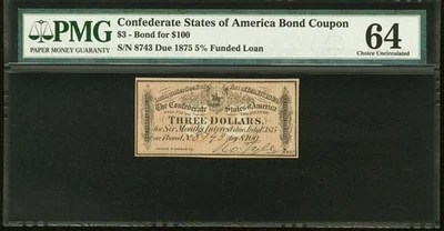 PMG 64. Confederate States 1864 Civil War $3 for $100 Bond CSA Banknote Currency - Image 1 of 4