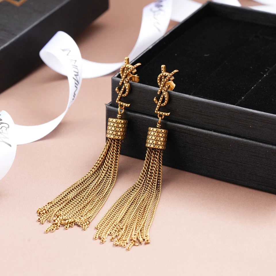 Y-S-L Saint Laurent Silver Logo Long Dangle Tassel Earrings