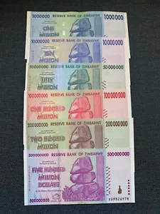 ZIMBABWE MILLION DOLLAR SET OF 6 NOTES (2008) - 1,10,50,100,200,500 MILLION - Picture 1 of 6