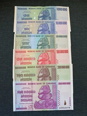 ZIMBABWE MILLION DOLLAR SET OF 6 NOTES (2008) - 1,10,50,100,200,500 MILLION  - Image 1 of 4