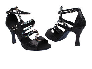Women's Black Rhinestone Salsa Ballroom Latin Dance Shoes Heel 2.5 3 SERA7017