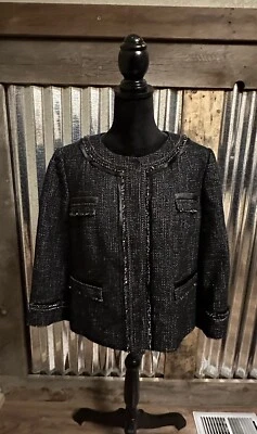 Halogen Blazer Jacket Women XL Black Tweed Fringe Long Sleeve Mature Business - Image 1 of 4