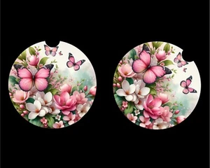 PINK BUTTERFLY FLORAL #1 Car Coasters 2 Pack Absorbent 2.75 In Cup Holder GIFT - Picture 1 of 1