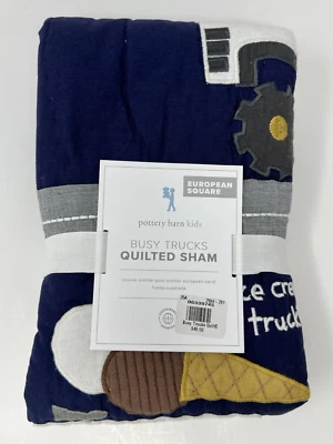 NUEVO Pottery Barn Niños Camiones Ocupados Acolchados Euro Sham Azul Marino Nuevo con Etiquetas Foto 1 de 2