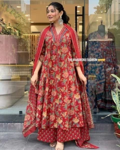Schönes rotes Palazzo Kurta Dupatta Set indischer Salwar Kameez Readymade für Frauen - Bild 1 von 4