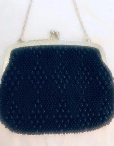 Vintage Black Beaded Retro PURSE~HANDBAG~SHOULDER BAG Adjustable Chain Strap - Picture 1 of 12