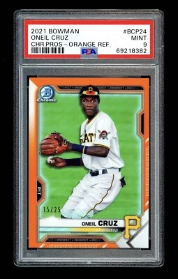 2021 Bowman Chrome ONEIL CRUZ (Jersey #15/25) Orange Refractor PSA 9 Mint POP 1 - Image 1 of 3