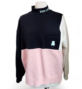Teddy Fresh Sweatshirt Unisex M Need A Hug Color Block Mock Neck Black Pink - Picture 1 of 16
