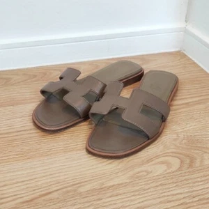 HERMES Oran "H" Taupe Mink Brown Sandal Mules Slides Womens Shoes Size: 36EU 6US - Picture 1 of 14