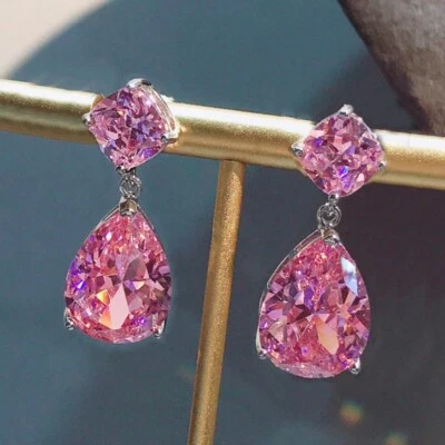 New European Charm Color Pink Topaz Gemstone Silver Women Dangle Stud Earring - Image 1 of 4