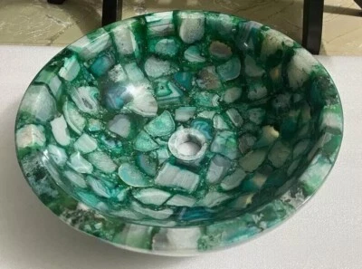 18" Round Designer Green Agate Stone Bathroom Sink Gemstone Bowl Washbasin Decor - Image 1 of 4