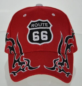 NEW! US ROUTE 66 SIDE FLAME FULL EMBROIDERED BALL CAP HAT RED - Picture 1 of 4